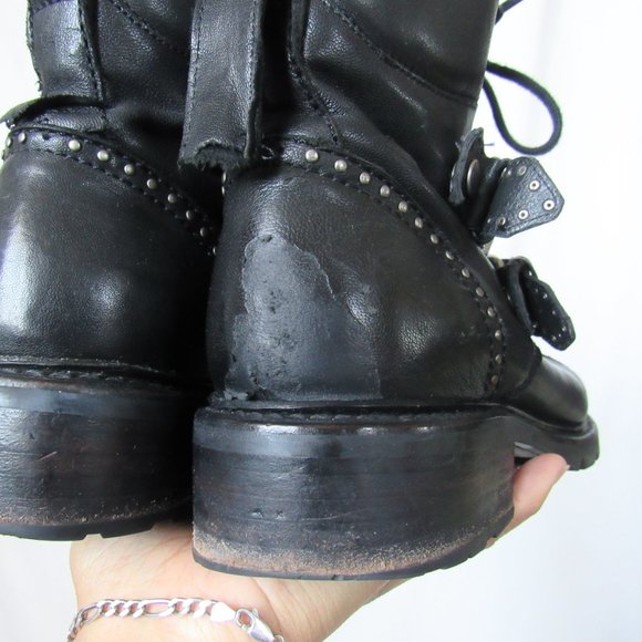 SOLD FRYE Black Leather 'Samantha' Studded Combat Biker Moto Boots -9 1/2 - Picture 5 of 15
